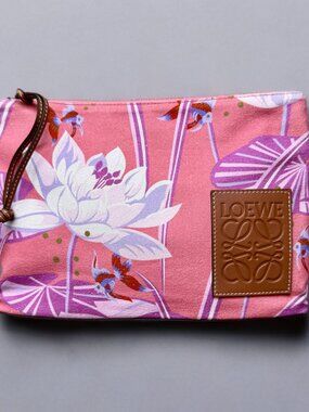 Loewe Paula's Ibiza Pink Floral Canvas Oblong Anagram Logo Zip Pouch